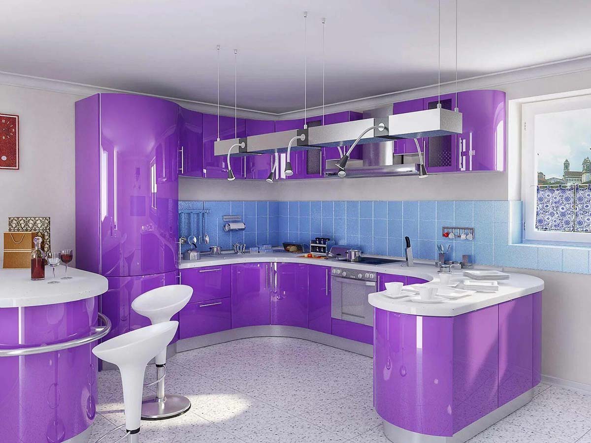 Дизайн фиолетовых кухонь в интерьере